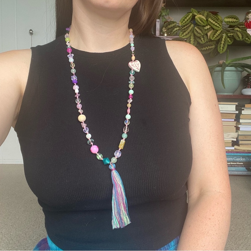 Colorful Beaded Necklace with Heart Pendant & Tassel Handmade Mala Spiritual